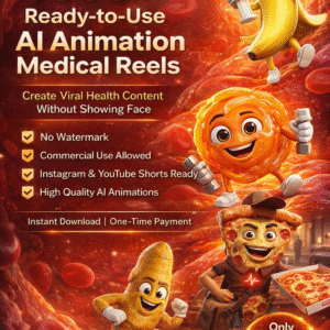 1000+ ready to use AI animation medical reels bundle cover image with cartoon health characters, body inside visuals and ₹39 price tag
